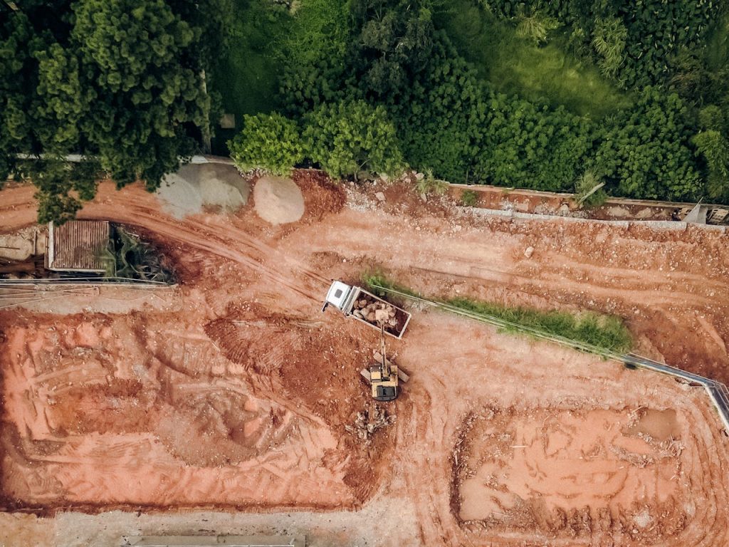 Aerial shot of construction activity in Parque Sao Miguel, Brazil.
